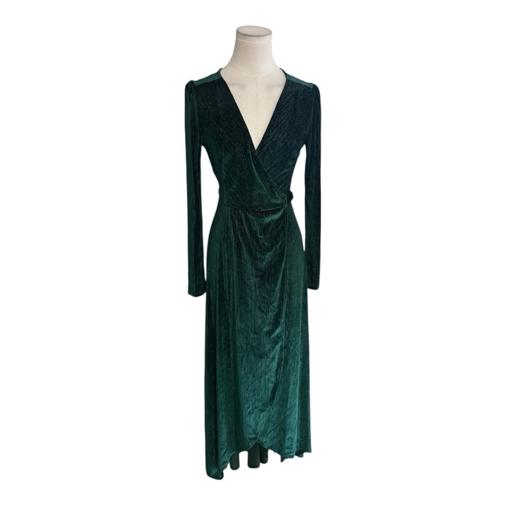 BALTIC BORN Wrap Green Velvet Long Sleeve Dress Midi Maxi Sz XS‎ Holiday Wedding - Picture 2 of 8